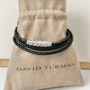 David Yurman Sterling Silver Chevron Triple Wrap Black Leather Bracelet